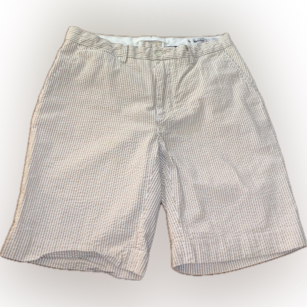 Ralph Lauren Seersucker Tailored Tan White Flat Front Striped Cotton Shorts 33